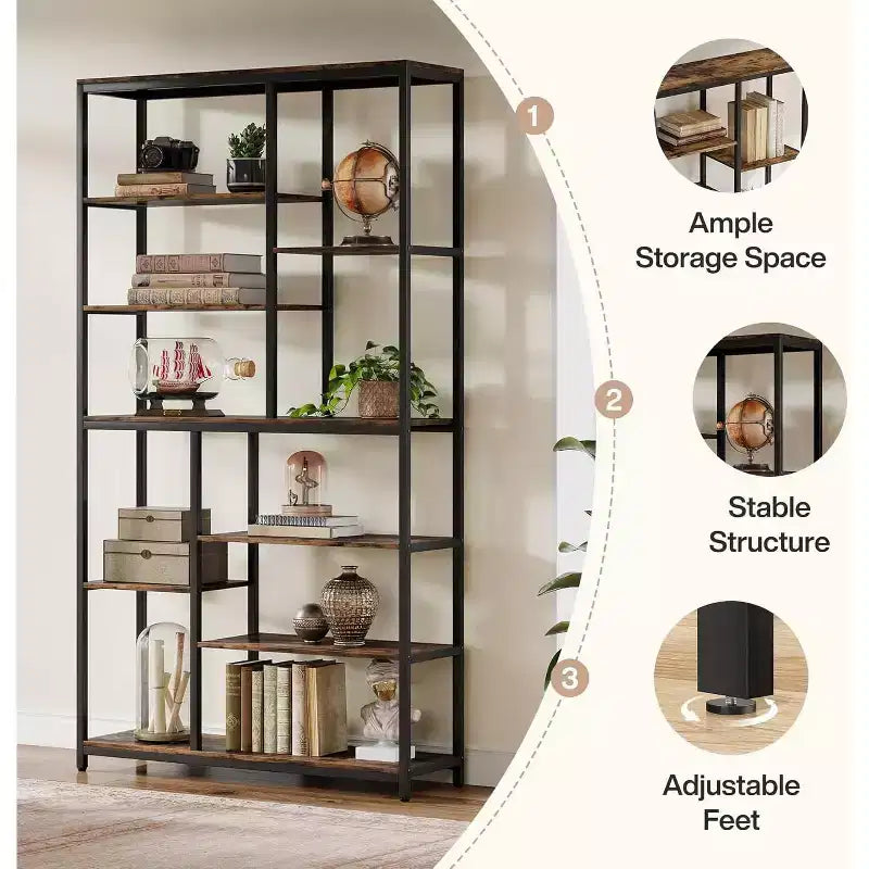 Bibliothèque de 200 cm de haut à 8 niveaux, étagères ouvertes autoportantes de style vintage pour salon, bureau à domicile, marron rustique