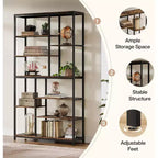 Bibliothèque de 200 cm de haut à 8 niveaux, étagères ouvertes autoportantes de style vintage pour salon, bureau à domicile, marron rustique