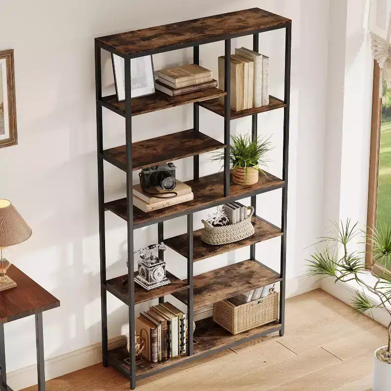 Bibliothèque de 200 cm de haut à 8 niveaux, étagères ouvertes autoportantes de style vintage pour salon, bureau à domicile, marron rustique