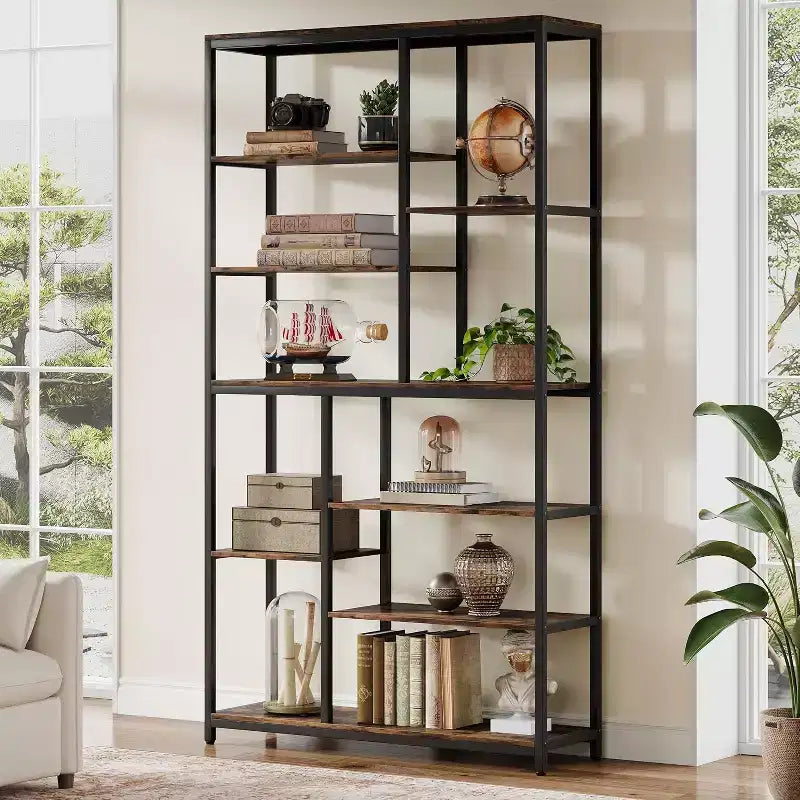 Bibliothèque de 200 cm de haut à 8 niveaux, étagères ouvertes autoportantes de style vintage pour salon, bureau à domicile, marron rustique
