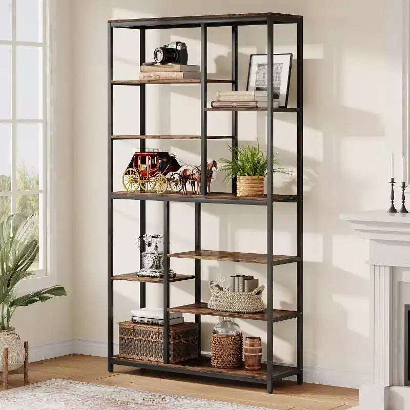 Bibliothèque de 200 cm de haut à 8 niveaux, étagères ouvertes autoportantes de style vintage pour salon, bureau à domicile, marron rustique