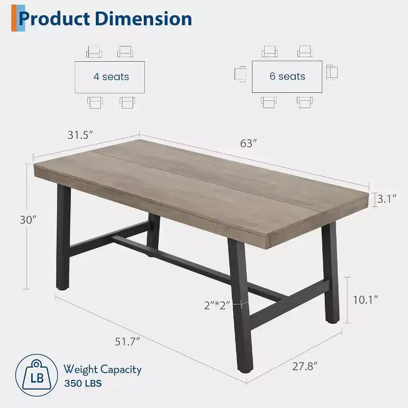 Table à manger industrielle pour 4 à 6 personnes, grande table de cuisine en bois de 160 cm avec cadre métallique robuste, longue table à manger rectangulaire 4 places pour le dîner