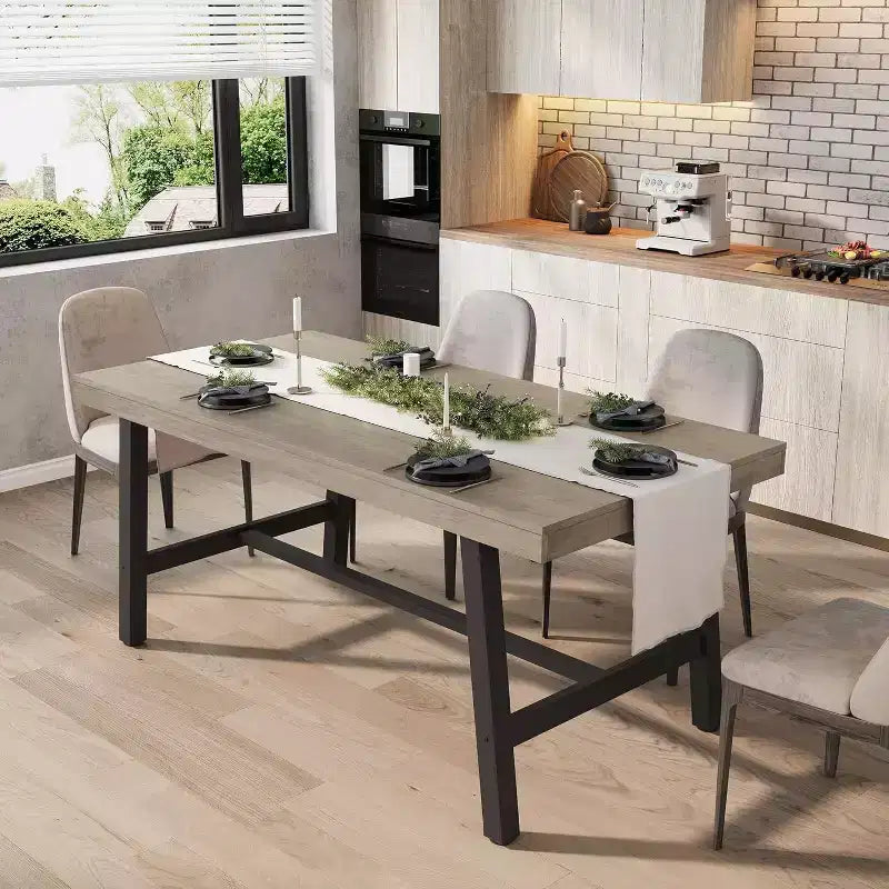 Table à manger industrielle pour 4 à 6 personnes, grande table de cuisine en bois de 160 cm avec cadre métallique robuste, longue table à manger rectangulaire 4 places pour le dîner
