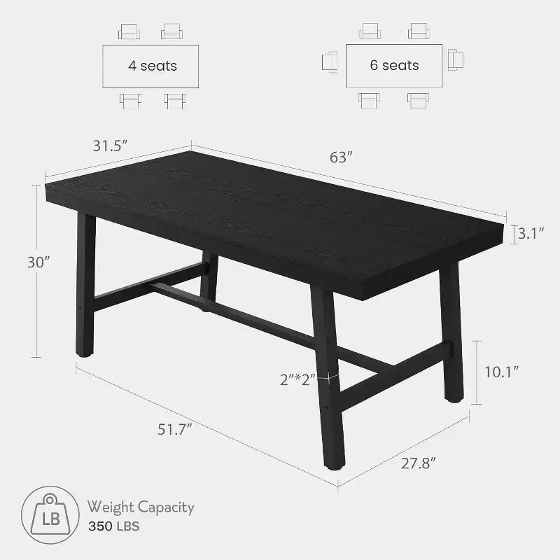 Table à manger industrielle pour 4 à 6 personnes, grande table de cuisine en bois de 160 cm avec cadre métallique robuste, longue table à manger rectangulaire 4 places pour le dîner