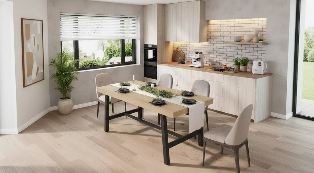 Table à manger industrielle pour 4 à 6 personnes, grande table de cuisine en bois de 160 cm avec cadre métallique robuste, longue table à manger rectangulaire 4 places pour le dîner