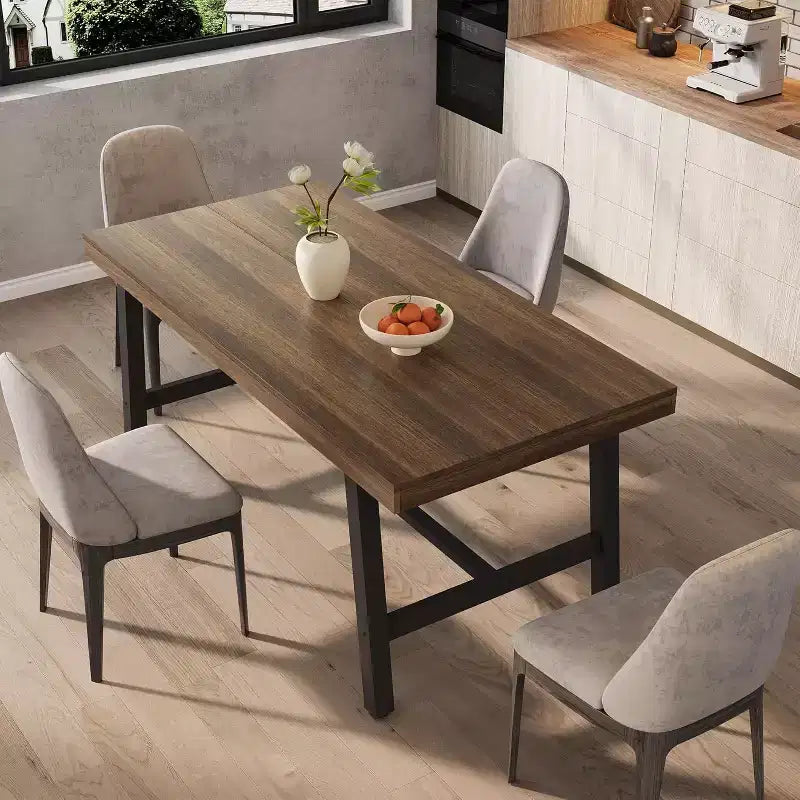 Table à manger industrielle pour 4 à 6 personnes, grande table de cuisine en bois de 160 cm avec cadre métallique robuste, longue table à manger rectangulaire 4 places pour le dîner