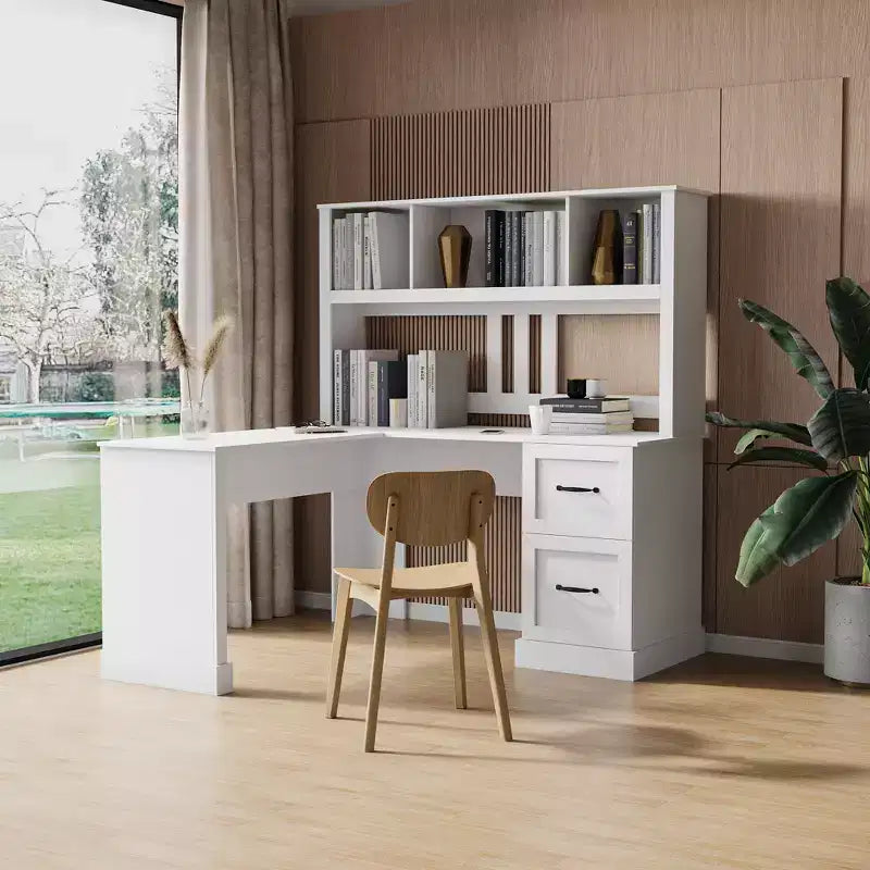 JVNOXK 59-inch Modern Home Office Computer Desk with Bookshelf and Open Shelving Unit Featuring Drawers, Antique-Style Finish, White