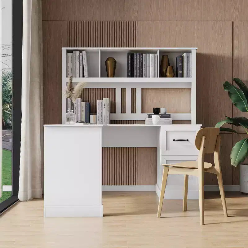 Bureau d'ordinateur moderne de 150 cm pour la maison et le bureau, avec bibliothèque et étagère ouverte à tiroirs, finition style ancien, blanc