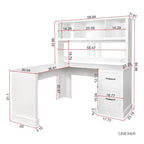 Bureau d'ordinateur moderne de 150 cm pour la maison et le bureau, avec bibliothèque et étagère ouverte à tiroirs, finition style ancien, blanc