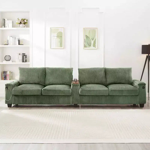MAYEERTY 4 Seater Corduroy Sofa Couch 133 Modern Sofa with Ports Hidden Storage Arms Flip Top Cup Holders for Living Room Green