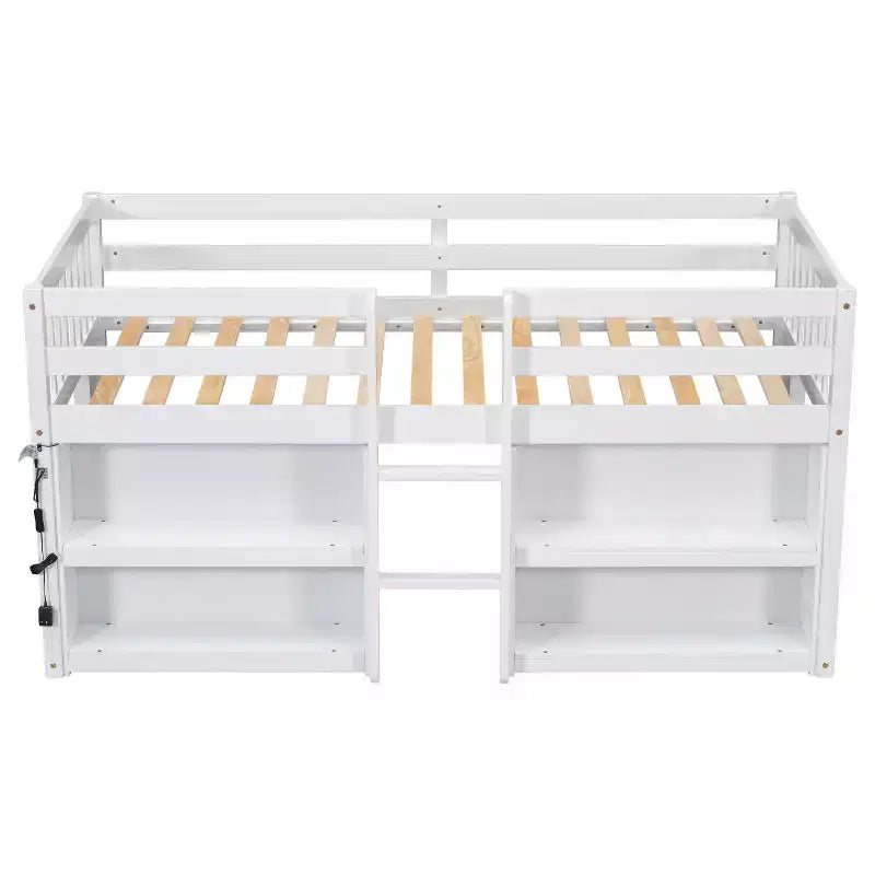 Lit jumeau mi-hauteur avec étagères à deux niveaux et lumière LED, cadre de lit mi-hauteur en pin avec conception adaptée aux enfants, aucun sommier tapissier requis