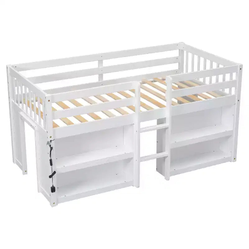 Lit jumeau mi-hauteur avec étagères à deux niveaux et lumière LED, cadre de lit mi-hauteur en pin avec conception adaptée aux enfants, aucun sommier tapissier requis