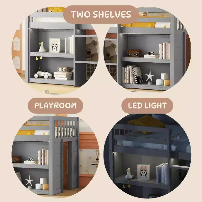 Lit jumeau mi-hauteur avec étagères à deux niveaux et lumière LED, cadre de lit mi-hauteur en pin avec conception adaptée aux enfants, aucun sommier tapissier requis