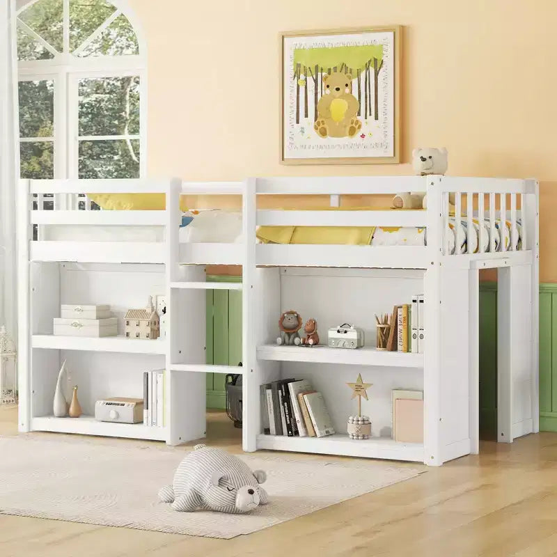 Lit jumeau mi-hauteur avec étagères à deux niveaux et lumière LED, cadre de lit mi-hauteur en pin avec conception adaptée aux enfants, aucun sommier tapissier requis