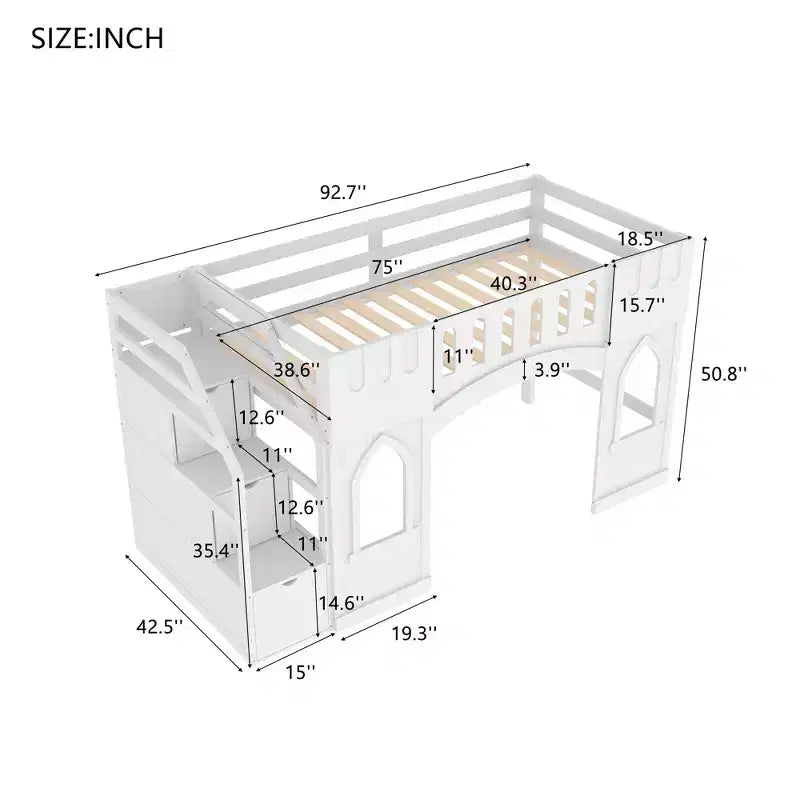 Lit mezzanine double avec escalier de rangement et fenêtre, cadre de lit mezzanine bas en bois massif pour enfants