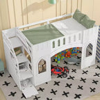 Lit mezzanine double avec escalier de rangement et fenêtre, cadre de lit mezzanine bas en bois massif pour enfants
