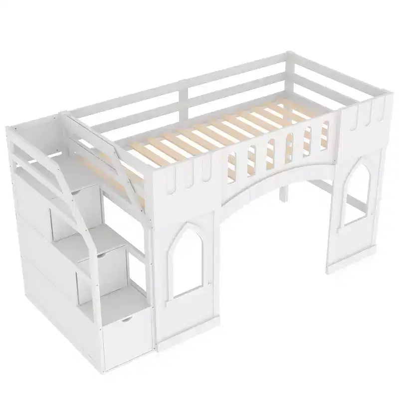 Lit mezzanine double avec escalier de rangement et fenêtre, cadre de lit mezzanine bas en bois massif pour enfants