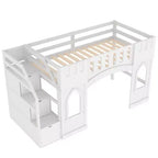 Lit mezzanine double avec escalier de rangement et fenêtre, cadre de lit mezzanine bas en bois massif pour enfants
