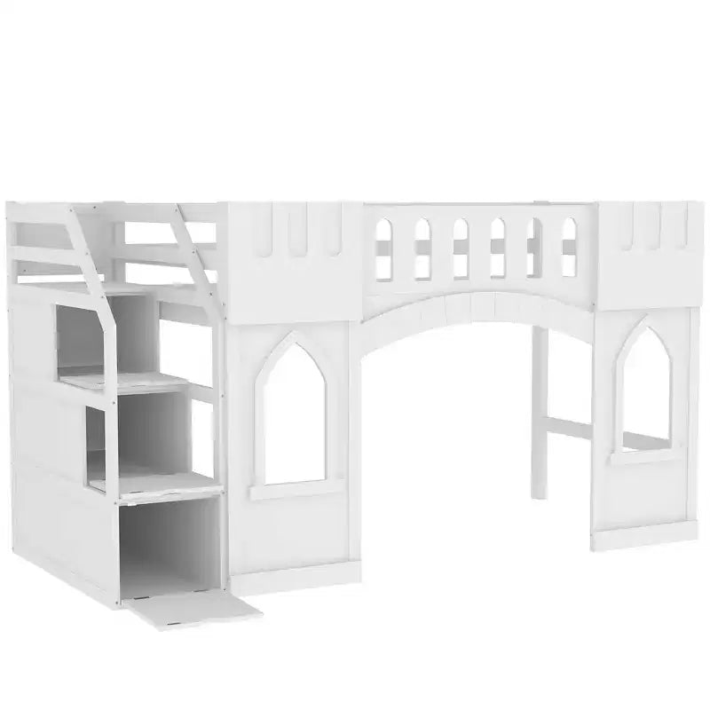 Lit mezzanine double avec escalier de rangement et fenêtre, cadre de lit mezzanine bas en bois massif pour enfants
