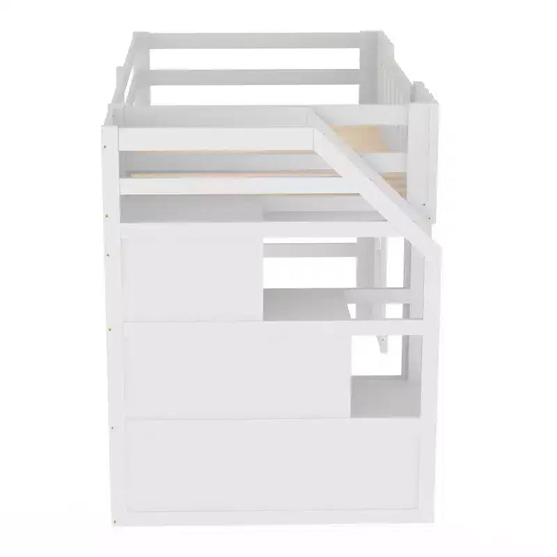 Lit mezzanine double avec escalier de rangement et fenêtre, cadre de lit mezzanine bas en bois massif pour enfants