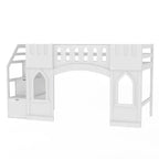 Lit mezzanine double avec escalier de rangement et fenêtre, cadre de lit mezzanine bas en bois massif pour enfants