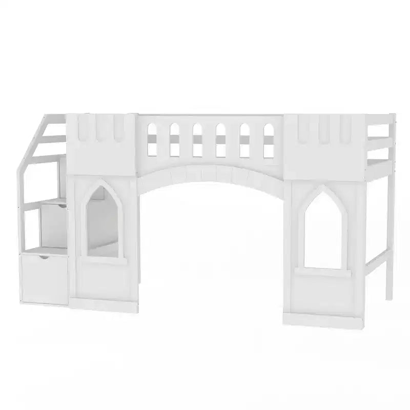 Lit mezzanine double avec escalier de rangement et fenêtre, cadre de lit mezzanine bas en bois massif pour enfants