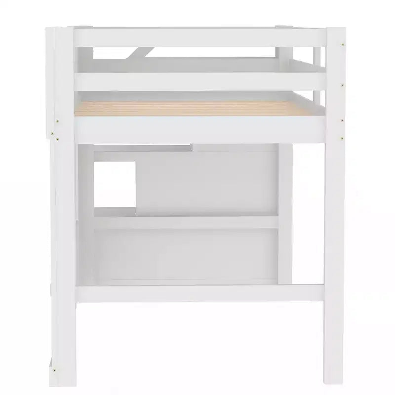 Lit mezzanine double avec escalier de rangement et fenêtre, cadre de lit mezzanine bas en bois massif pour enfants