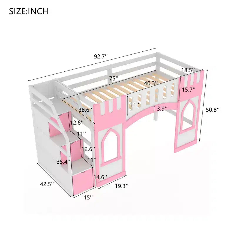 Lit mezzanine double avec escalier de rangement et fenêtre, cadre de lit mezzanine bas en bois massif pour enfants