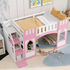 Lit mezzanine double avec escalier de rangement et fenêtre, cadre de lit mezzanine bas en bois massif pour enfants