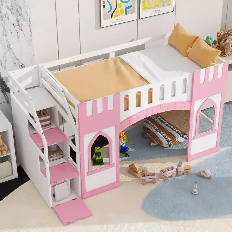 Lit mezzanine double avec escalier de rangement et fenêtre, cadre de lit mezzanine bas en bois massif pour enfants