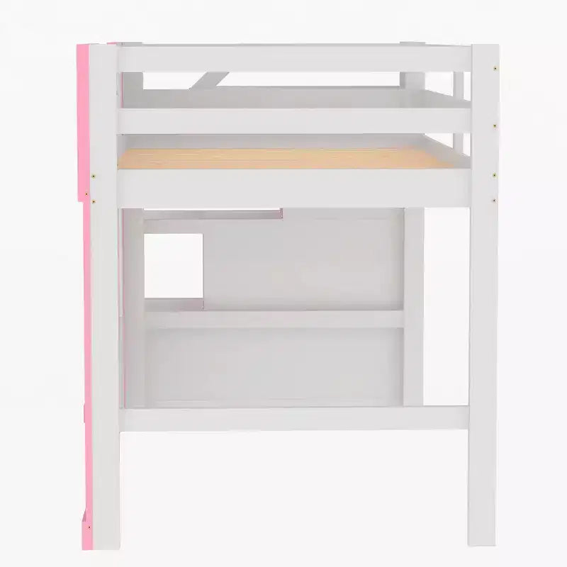 Lit mezzanine double avec escalier de rangement et fenêtre, cadre de lit mezzanine bas en bois massif pour enfants
