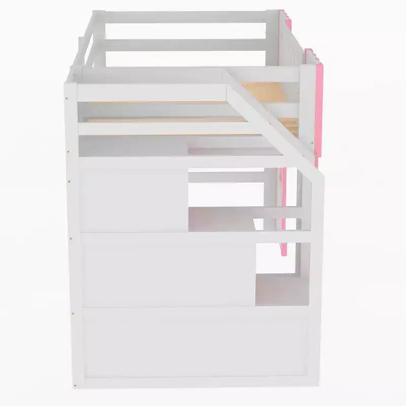 Lit mezzanine double avec escalier de rangement et fenêtre, cadre de lit mezzanine bas en bois massif pour enfants