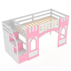 Lit mezzanine double avec escalier de rangement et fenêtre, cadre de lit mezzanine bas en bois massif pour enfants