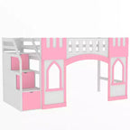 Lit mezzanine double avec escalier de rangement et fenêtre, cadre de lit mezzanine bas en bois massif pour enfants