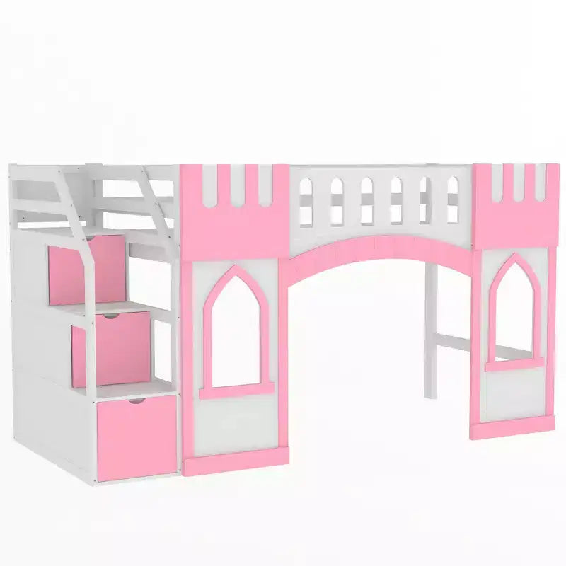 Lit mezzanine double avec escalier de rangement et fenêtre, cadre de lit mezzanine bas en bois massif pour enfants