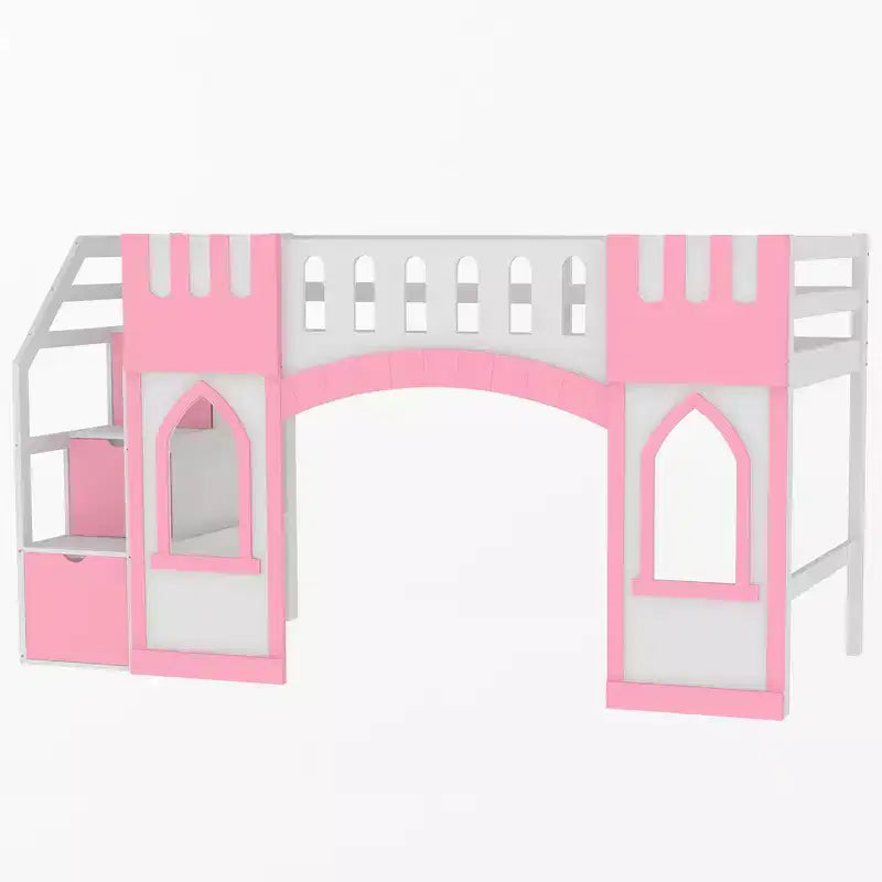 Lit mezzanine double avec escalier de rangement et fenêtre, cadre de lit mezzanine bas en bois massif pour enfants