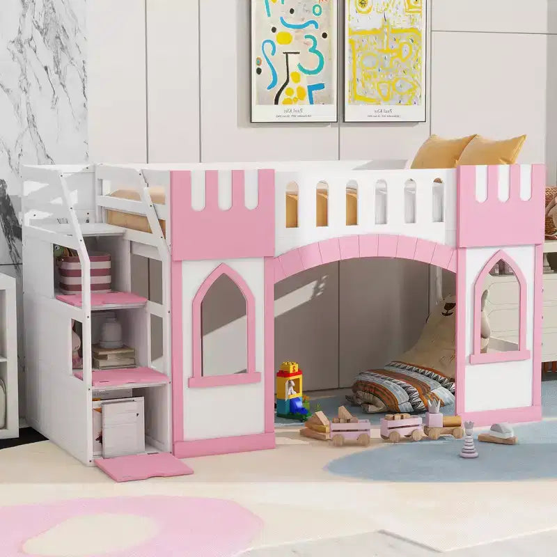 Bellemave Twin Loft Bed with Storage Staircase and Window,Solid Wood Low Loft Bed Frame for Kids
