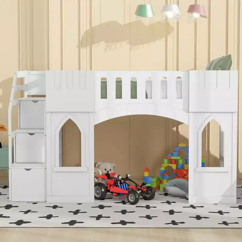 Lit mezzanine double avec escalier de rangement et fenêtre, cadre de lit mezzanine bas en bois massif pour enfants
