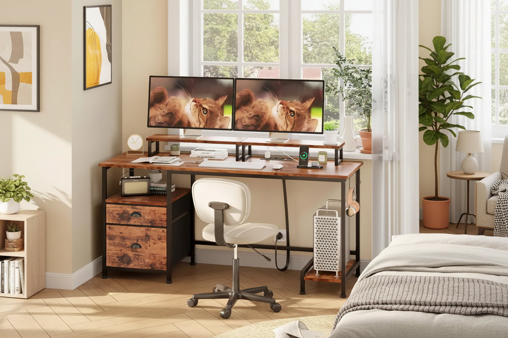 Bureau de 55" avec classeur, 2 supports d'écran, prises de courant et rangement