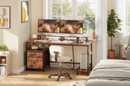 Bureau de 55" avec classeur, 2 supports d'écran, prises de courant et rangement