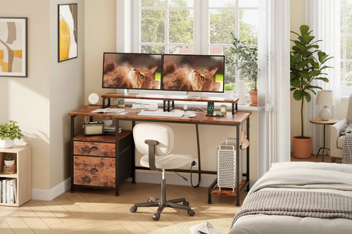 Bureau de 55" avec classeur, 2 supports d'écran, prises de courant et rangement
