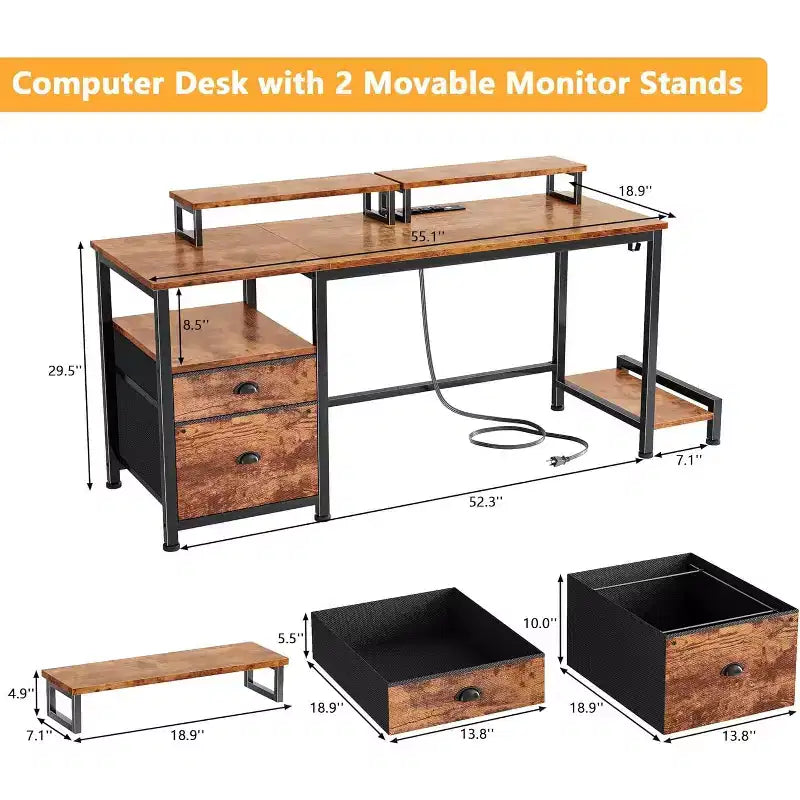 Bureau de 55" avec classeur, 2 supports d'écran, prises de courant et rangement