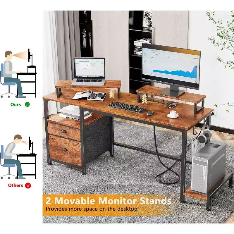 Bureau de 55" avec classeur, 2 supports d'écran, prises de courant et rangement