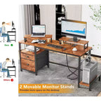Bureau de 55" avec classeur, 2 supports d'écran, prises de courant et rangement