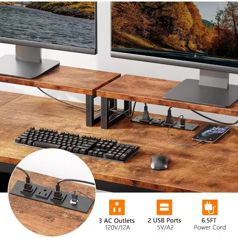 Bureau de 55" avec classeur, 2 supports d'écran, prises de courant et rangement