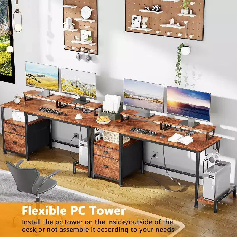 Bureau de 55" avec classeur, 2 supports d'écran, prises de courant et rangement