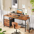 Bureau de 55" avec classeur, 2 supports d'écran, prises de courant et rangement