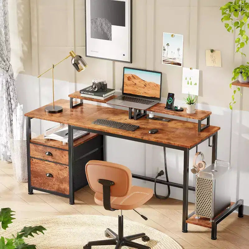 Bureau de 55" avec classeur, 2 supports d'écran, prises de courant et rangement