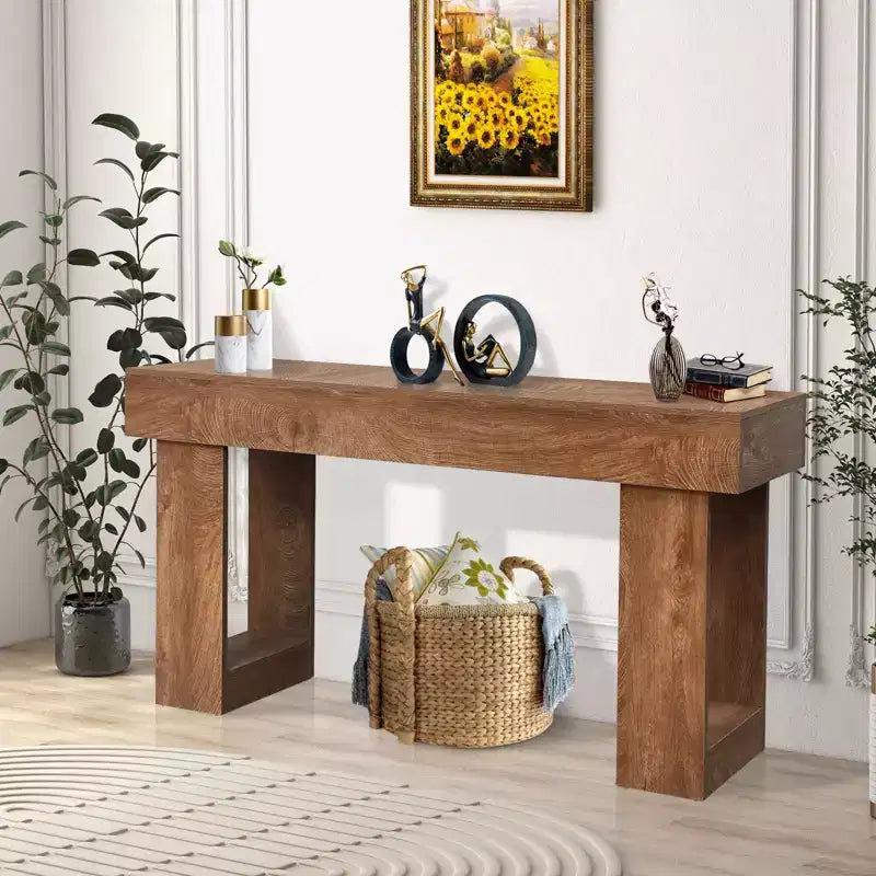 Console de ferme 63" pour entrée, table de canapé en bois pour salon, finition naturelle rustique