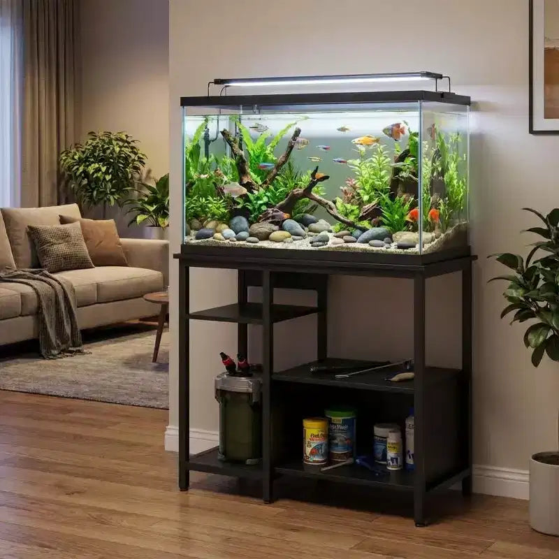 Fish Tank Stand with Power Outlets, Heavy Duty Metal and Wood Aquarium Stand with 4-Tier Open Storage Shelves and Sturdy Legs